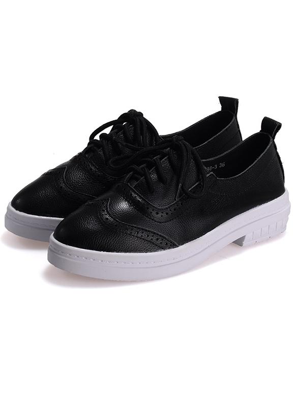 Romwe Black Round Toe Shoelace Pu Flats