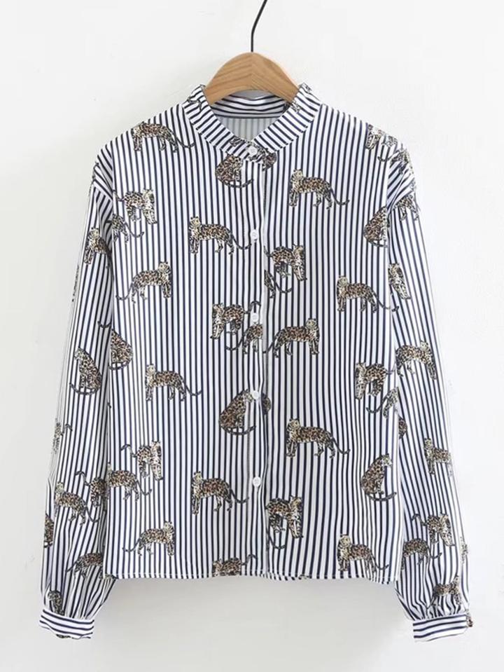 Romwe Leopard Print Striped Blouse