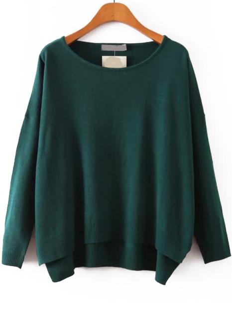 Romwe Round Neck High Low Green Sweater