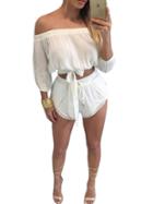 Romwe Off The Shoulder Top With Drawstring White Shorts