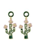 Romwe Green Color Cactus With Pearl With Pink Flower Earrings
