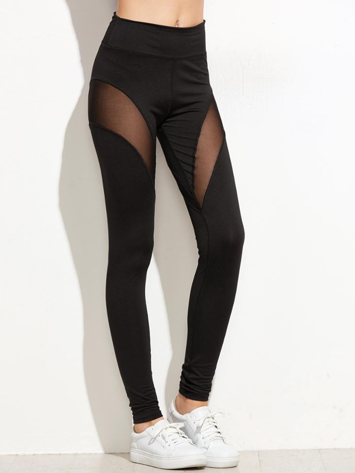 Romwe Black Mesh Contrast Skinny Leggings