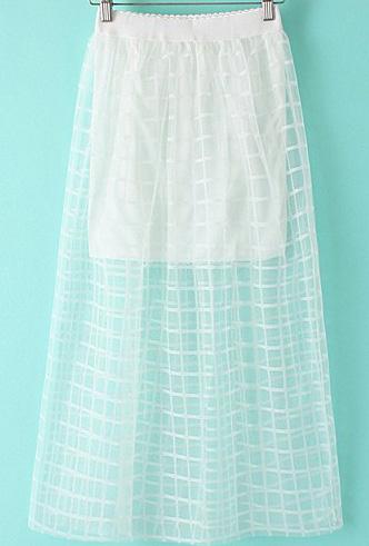 Romwe Elastic Waist Lace Plaid Pleated White Skirt