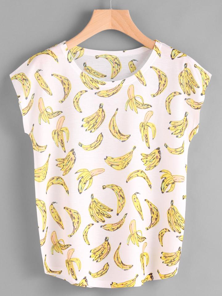 Romwe Cap Sleeve Banana Print Tee