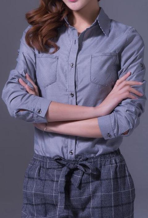 Romwe Lapel Vertical Stripe Pocket Black Blouse
