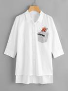 Romwe Embroidered Striped Pocket Front Staggered Shirt