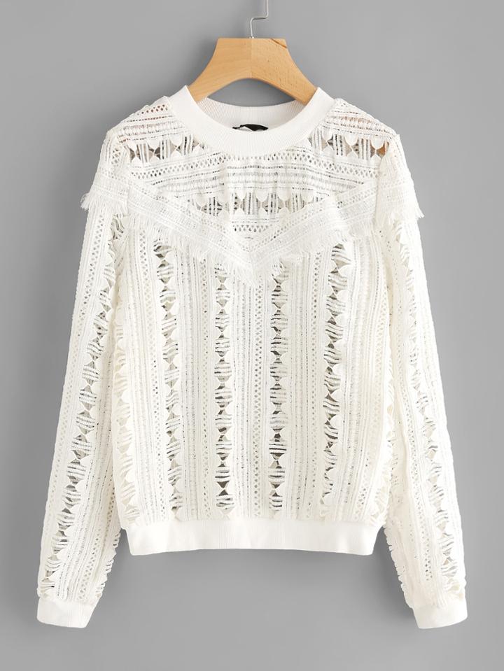 Romwe Guipure Lace Fringe Detail Sweatshirt