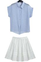 Romwe Lapel Plaid Top With Flare Skirt