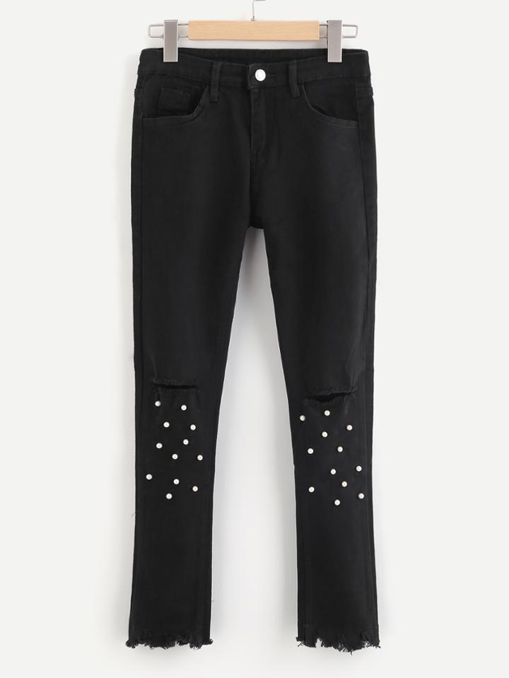 Romwe Ripped Hem Knee Rips Faux Pearl Decoration Jeans