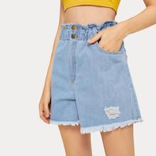Romwe Raw Hem Ripped Ruffle Trim Denim Shorts