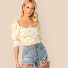 Romwe Heart Print Gathered Sleeve Shirred Crop Top