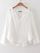 Romwe White V Neck Button Up High Low Blouse