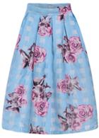 Romwe Floral Print Flare Blue Skirt