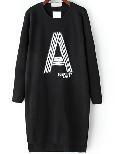 Romwe Dip Hem Letter Print Split Black Sweater Dress