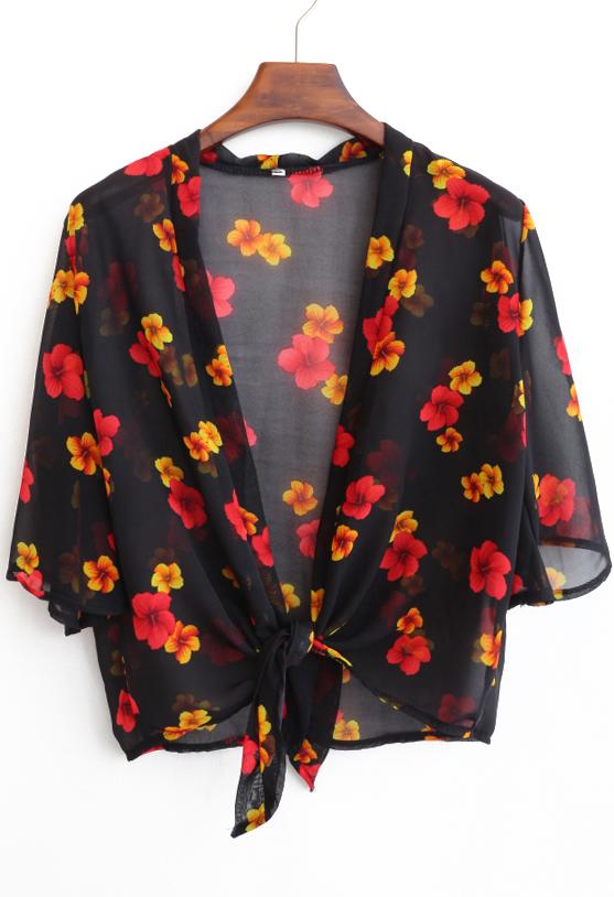 Romwe Bell Sleeve Flower Print Chiffon Black Top