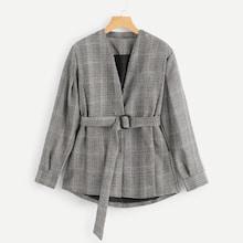 Romwe Belted Plaid Wrap Blazer