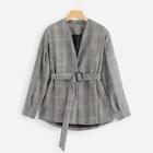 Romwe Belted Plaid Wrap Blazer