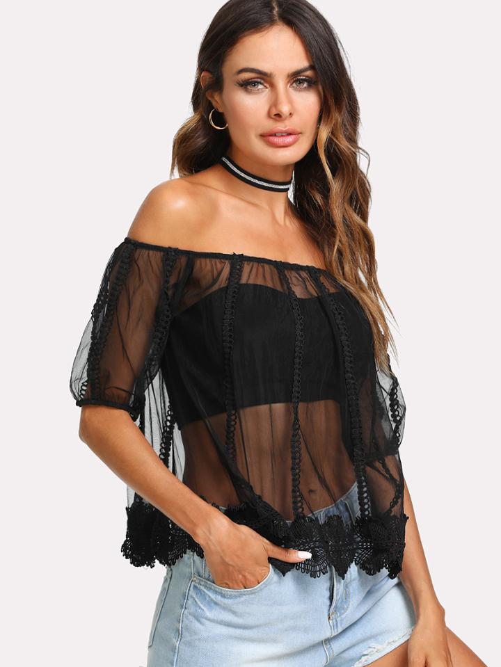 Romwe Lace Detail See Through Bardot Top