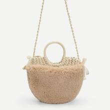 Romwe Faux Fur Design Straw Satchel Bag