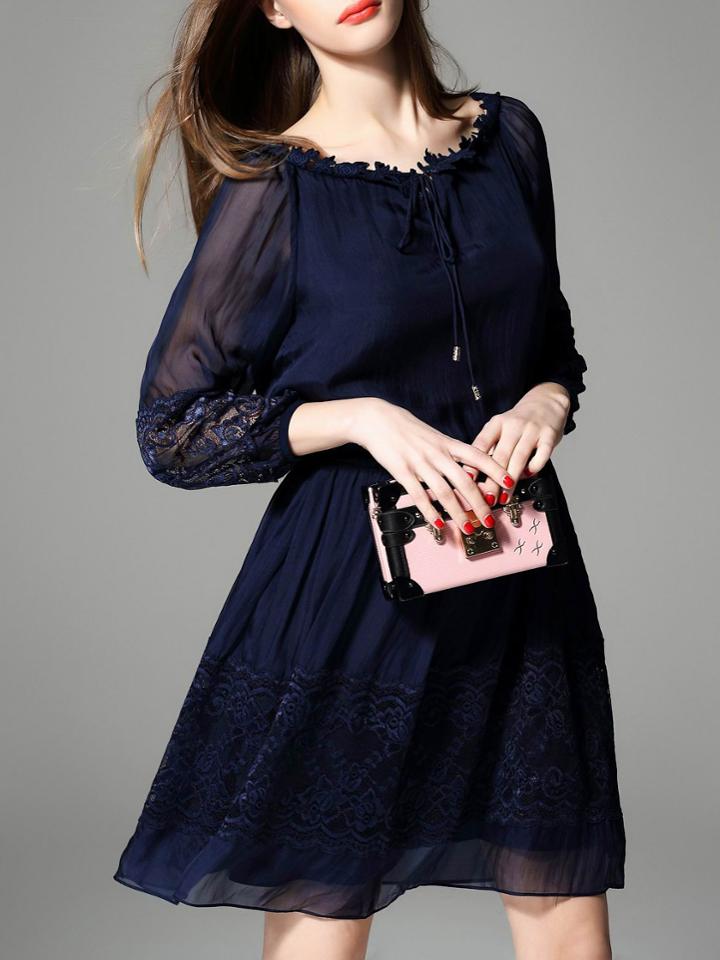 Romwe Navy Tie Neck Contrast Gauze Drawstring Lace Dress