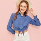 Romwe Knot Hem Single Breasted Solid Blouse