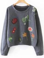 Romwe Grey Flower Embroidery Raglan Sleeve Sweatshirt