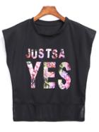 Romwe Mesh Hem Letter Print Black T-shirt