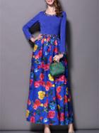 Romwe Blue Round Neck Long Sleeve Beading Print Dress