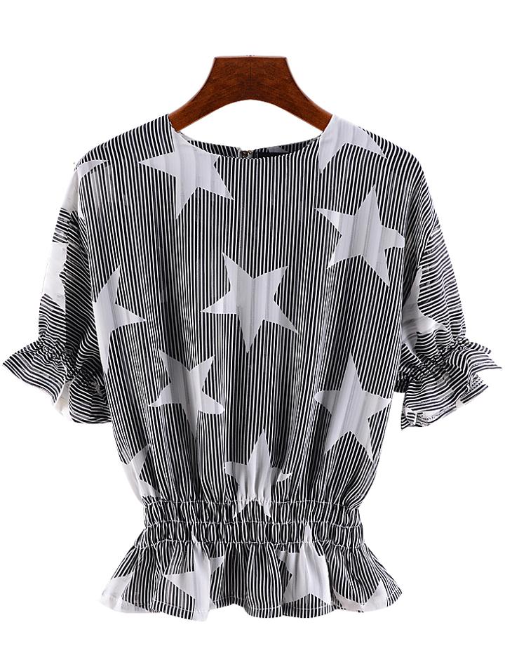 Romwe Star Print Peplum Hem Black Top