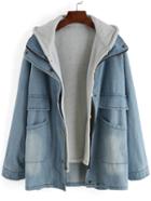 Romwe Blue Hooded Bleached Denim Two Pieces Coat