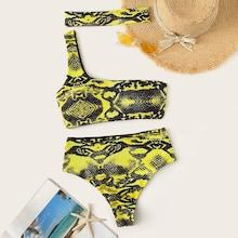 Romwe Random Snake Print One Shoulder Bikini Set With Choker