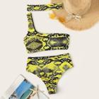 Romwe Random Snake Print One Shoulder Bikini Set With Choker