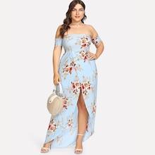 Romwe Plus Floral Print Split Long Dress