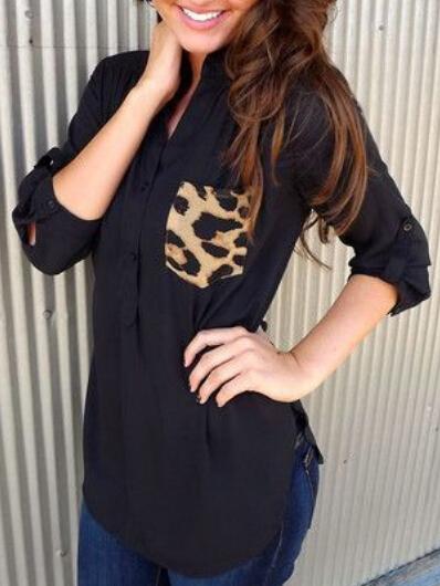 Romwe Stand Collar Pocket Chiffon Black Blouse