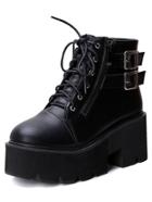 Romwe Black Lace Up Buckle Strap Zipper Wedges Boots