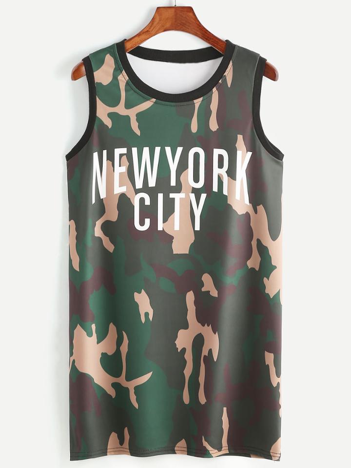 Romwe Camo And Letter Print Contrast Trim Tank Dress