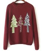 Romwe Christmas Tree Print Knit Red Sweater