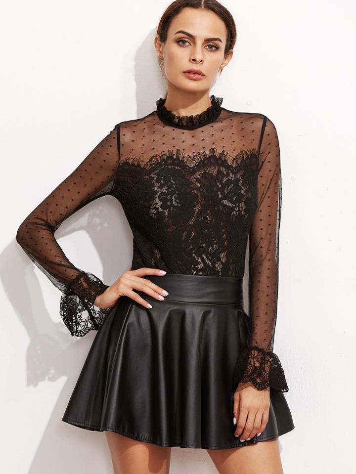 Romwe Black Fungus Collar Keyhole Back Lace Trim Top