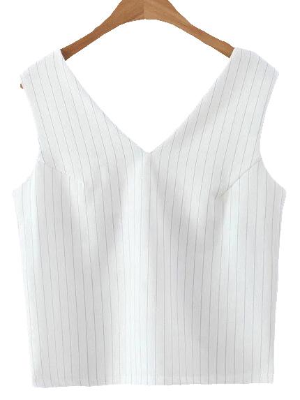 Romwe White V Neck Vertical Stripe Tank Top
