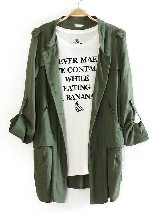 Romwe Army Green Single Breasted Pockets Coat