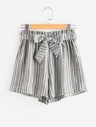 Romwe Vertical Stripe Elastic Waist Self Tie Front Shorts