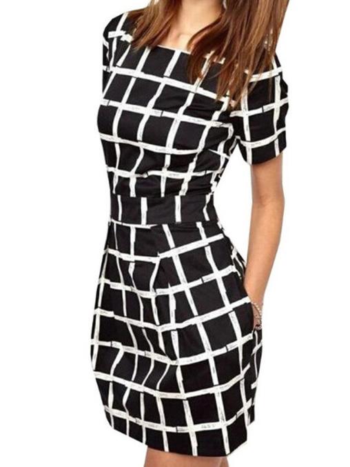 Romwe Short Sleeve Plaid Slim Work Dress