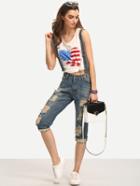 Romwe Ripped 3/4 Length Denim Overall Jeans