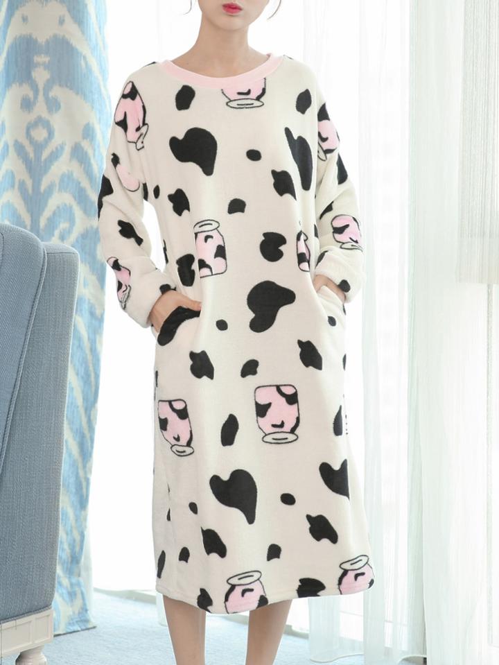 Romwe Faux Fleece Cow Print Night Dress
