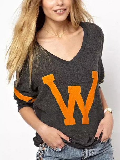 Romwe V Neck Long Sleeve Letter Print T-shirt