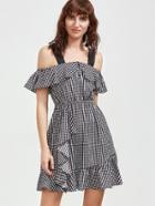 Romwe Black And White Checkered Cold Shoulder Ruffle Dress
