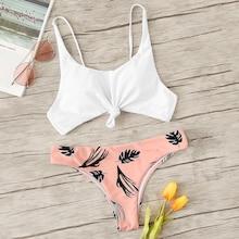Romwe Knot Front Top With Leaf Print Bikini Set