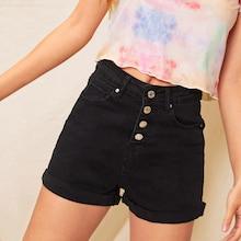 Romwe Button Front Cuffed Hem Denim Shorts