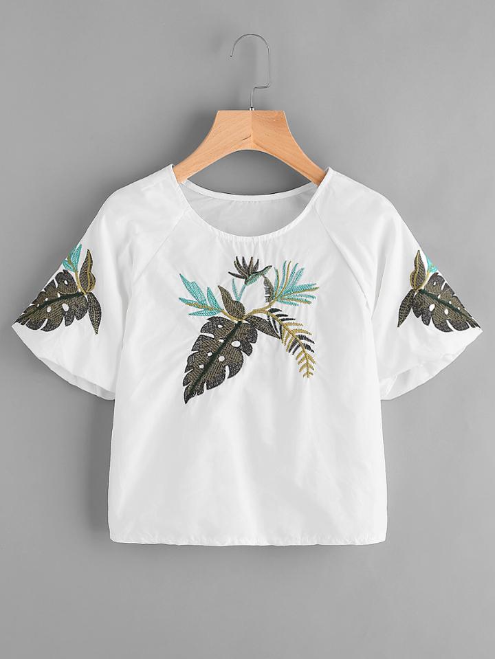 Romwe Leaf Embroidered Blouse