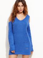Romwe Blue Cold Shoulder Ripped Sweater Dress